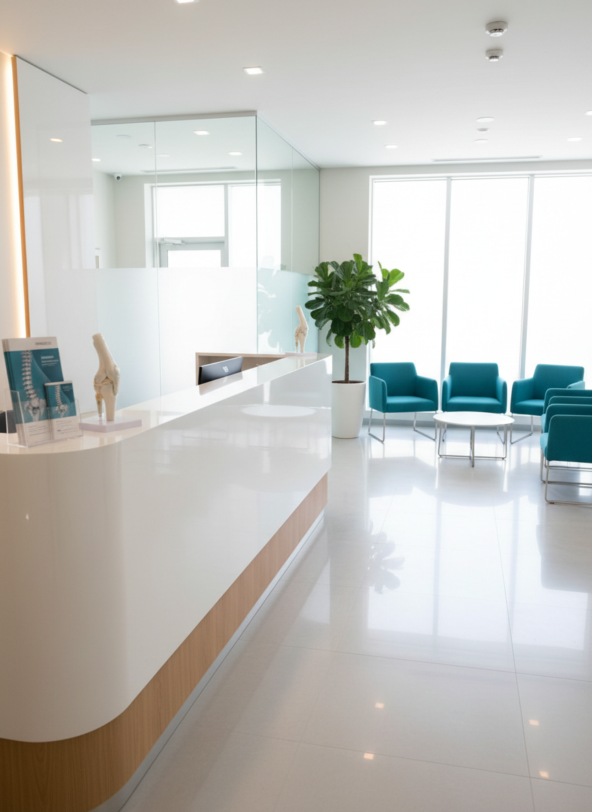 A bright, modern orthopedic clinic reception area in photographic realism, with a sleek white reception counter and light wood accents. Comfortable teal-colored armchairs are neatly arranged on a pale gray floor, and a large potted plant adds a touch of greenery near a frosted glass partition. Medical brochures and a small model of a joint sit on the counter as non-text visual cues. Soft daylight filters through wide windows, creating gentle reflections on the polished surfaces and a calm, reassuring atmosphere. Shot from an eye-level perspective with a wide angle, capturing the spacious, uncluttered layout and emphasizing cleanliness, professionalism, and accessibility without showing any people.