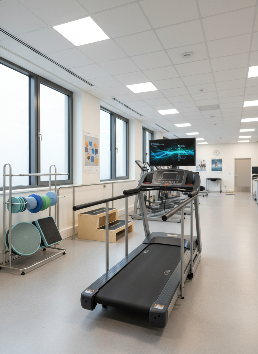A specialized orthopedic rehabilitation zone focused on lower limb training, shown in photographic realism. In the center, a sturdy treadmill with side support rails faces a wall-mounted monitor displaying abstract motion graphics without text. Nearby, a set of color-coded, non-branded balance pads and wobble boards are neatly aligned on a rack, and a step-training platform stands beside a fixed handrail. Large windows along one side let in soft, overcast daylight, while overhead LED panels provide consistent, shadow-free lighting. The mood is encouraging and clinical yet welcoming. Shot from a three-quarter angle with moderate depth of field, the equipment occupies the foreground in sharp focus while the rest of the spacious room gently recedes, highlighting structured, progressive rehabilitation without showing any patients or staff.