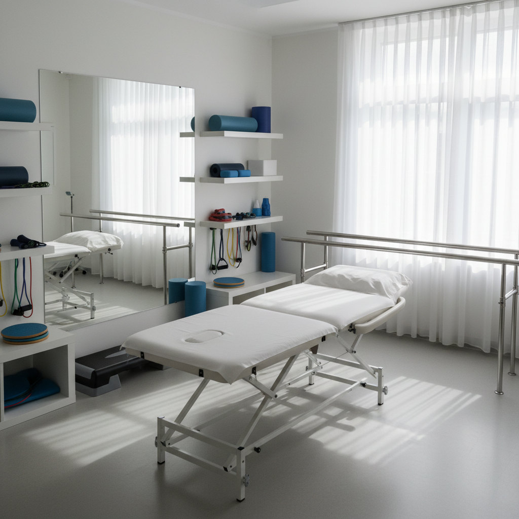 A dedicated orthopedic rehabilitation room in photographic realism, featuring a sturdy treatment table with a crisp white cover and adjustable sections at the center. Around it, neatly organized rehabilitation equipment such as resistance bands, balance boards, foam rollers, and a low step platform are stored on clean, white shelving and wall-mounted racks. A large mirror reflects the space, and parallel bars extend toward a sunlit window with sheer curtains. Diffused natural light fills the room, creating soft shadows and a tranquil, focused mood. Captured from a slightly elevated angle with sharp focus throughout, the composition highlights the functional layout and specialized tools used in orthopedic rehab, emphasizing safety, order, and professionalism without any people present.